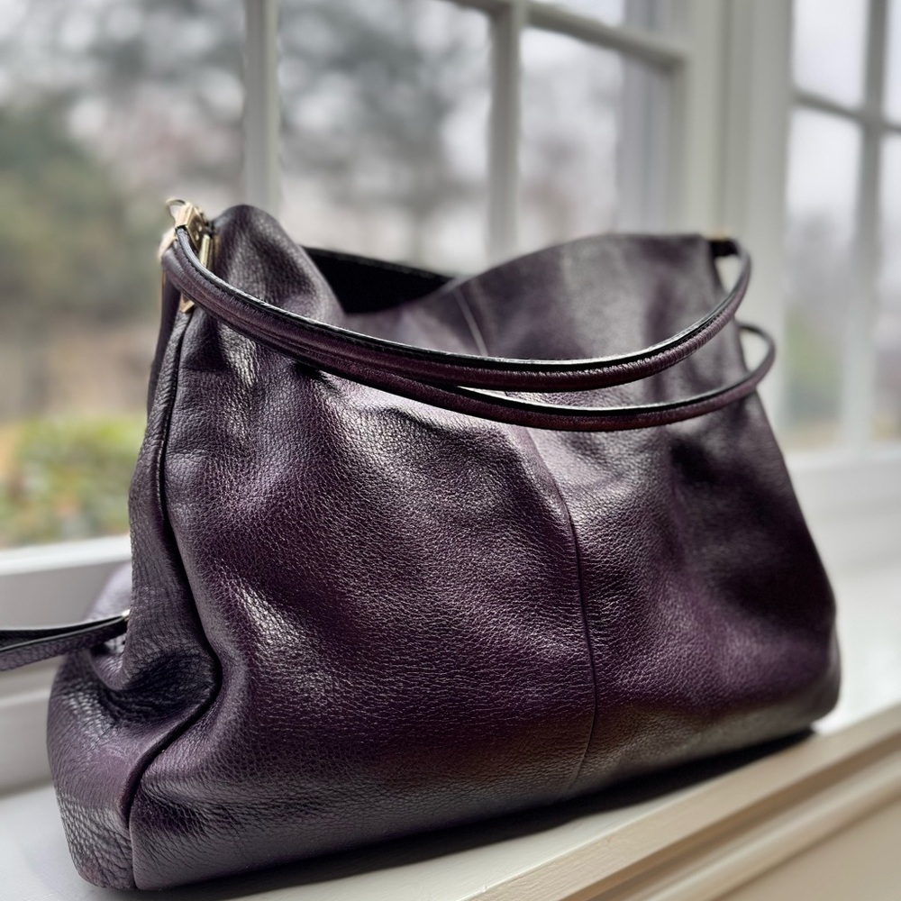 Coach Madison Plum Pebbled Leather Shoulder Bag Silver Hardware
